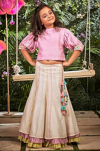 Off-White Chanderi Lehenga Set For Girls by Little Luxury