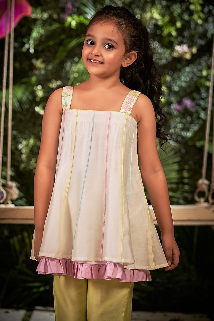 Off-White Embroidered Tunic Set For Girls by Little Luxury at Pernia's Pop Up Shop