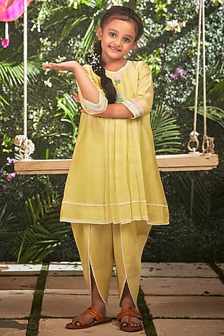 Lemon Yellow Kurta Set For Girls by Little Luxury