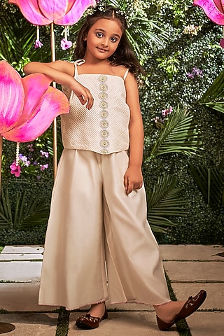 White Chanderi Co-Ord Set For Girls by Little Luxury