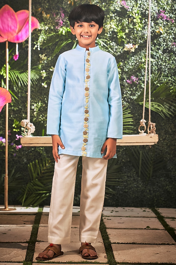 Sky Blue Embroidered Kurta Set For Boys by Little Luxury