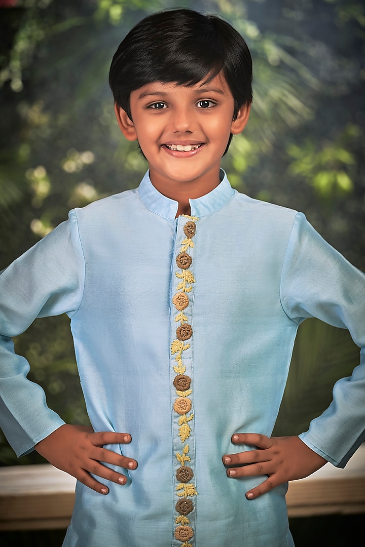 Sky Blue Embroidered Kurta Set For Boys by Little Luxury at Pernia's Pop Up Shop