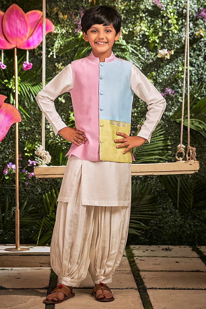 Multi-Colored Chanderi Bundi Jacket & Kurta Set For Boys by Little Luxury