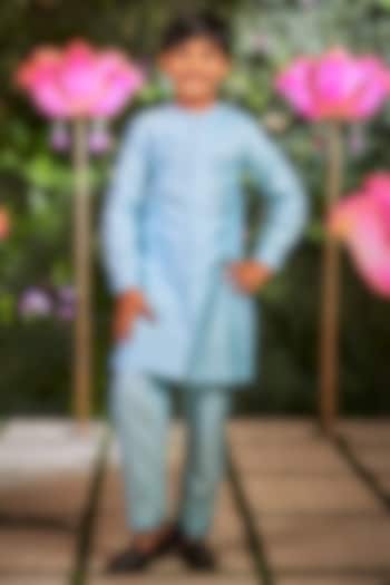 Sky Blue Chanderi Bundi Jacket With Kurta Set For Boys by Little Luxury