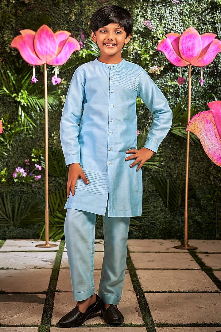 Sky Blue Chanderi Bundi Jacket With Kurta Set For Boys by Little Luxury