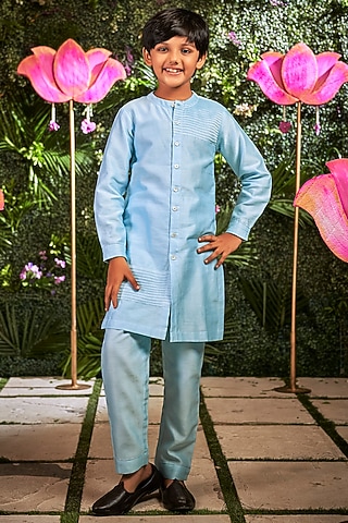 Sky Blue Chanderi Bundi Jacket With Kurta Set For Boys by Little Luxury