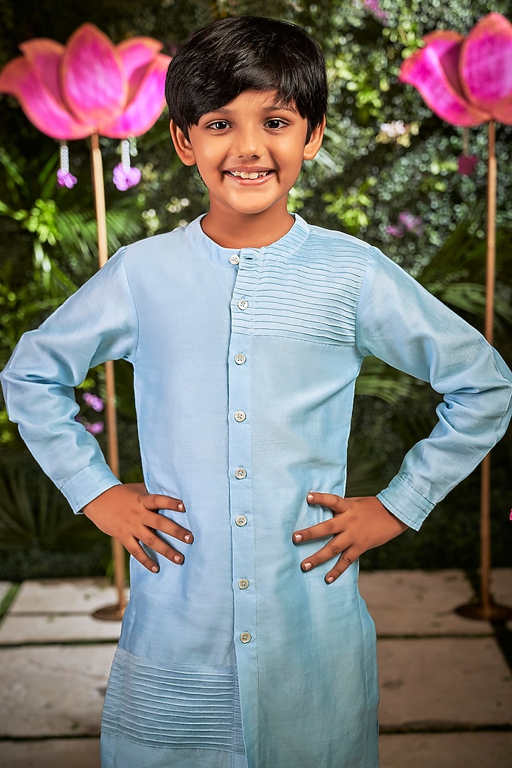 Sky Blue Chanderi Bundi Jacket With Kurta Set For Boys by Little Luxury at Pernia's Pop Up Shop