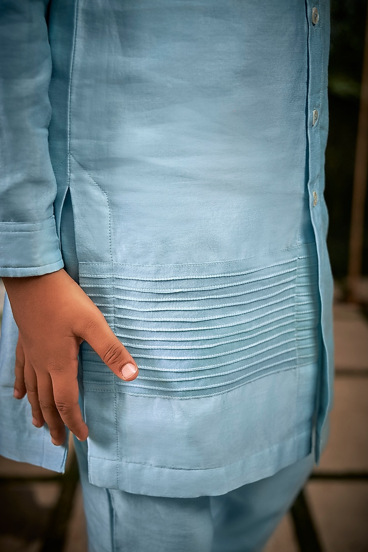 Sky Blue Chanderi Bundi Jacket With Kurta Set For Boys by Little Luxury at Pernia's Pop Up Shop