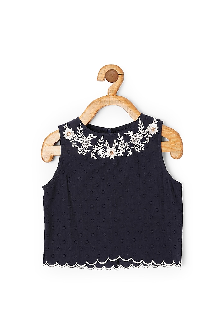 Dark Navy Blue Embroidered Crop Top For Girls by Little Luxury