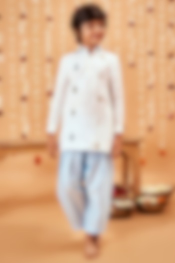 White & Light Blue Embroidered Kurta Set For Boys by Little Luxury at Pernia's Pop Up Shop