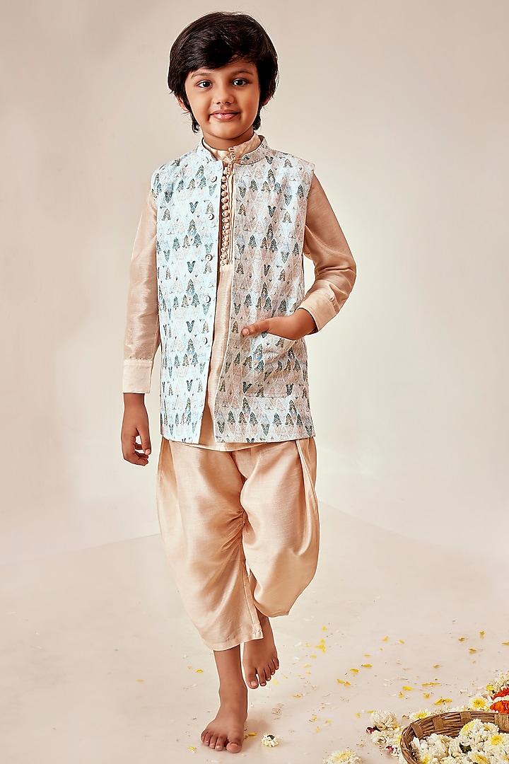 Golden Kurta Set With Bundi Jacket For Boys by Little Luxury at Pernia's Pop Up Shop