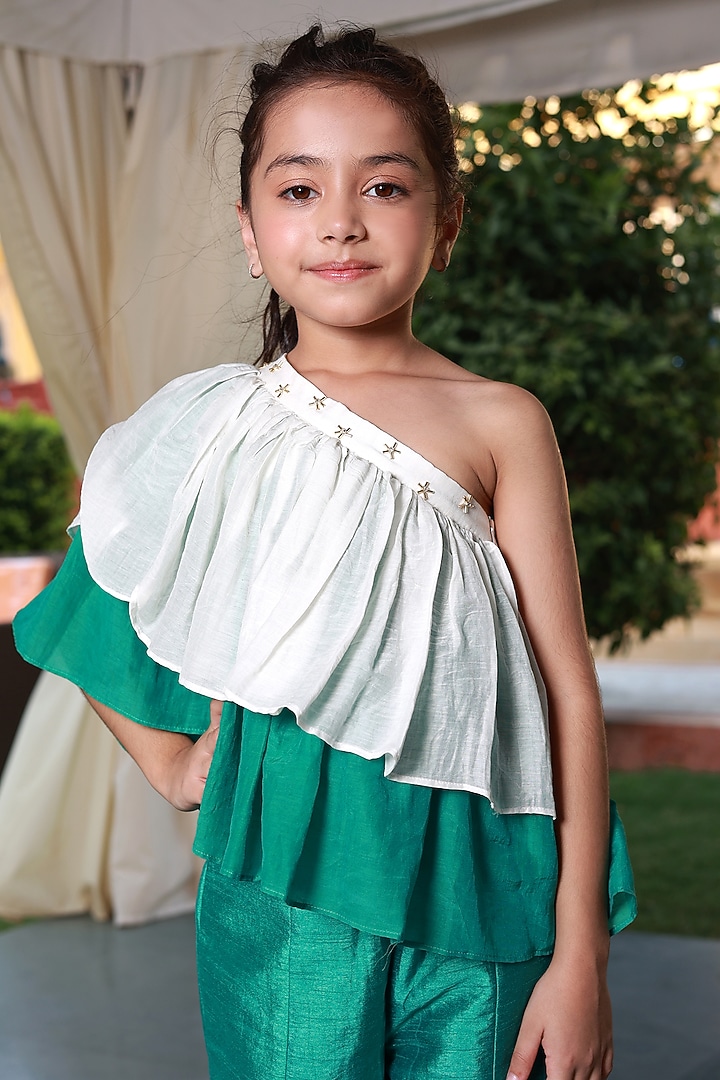 Green Muslin SIlk & Raw Silk Bell Bottom Pant Set For Girls by Little Luxury at Pernia's Pop Up Shop