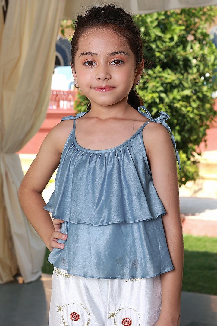 Blue & White Chanderi Hand Embroidered Jumpsuit For Girls by Little Luxury at Pernia's Pop Up Shop