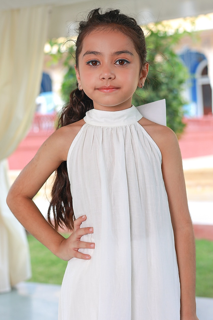 Off-White Muslin Silk Dhoti Set For Girls by Little Luxury at Pernia's Pop Up Shop