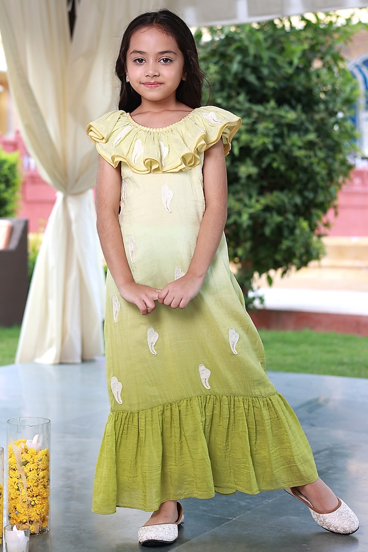 Green Muslin Silk Hand Embroidered Ombre Maxi Dress For Girls by Little Luxury