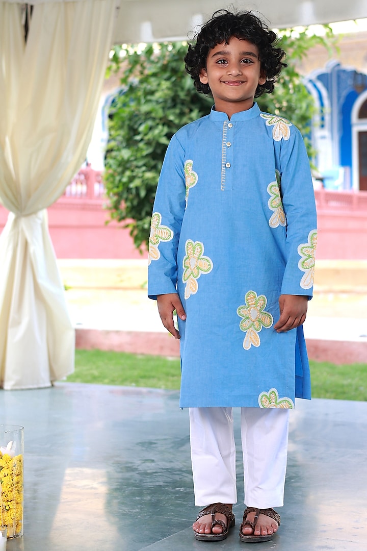 Blue Cotton Poplin Floral Hand Embroidered kurta Set For Boys by Little Luxury