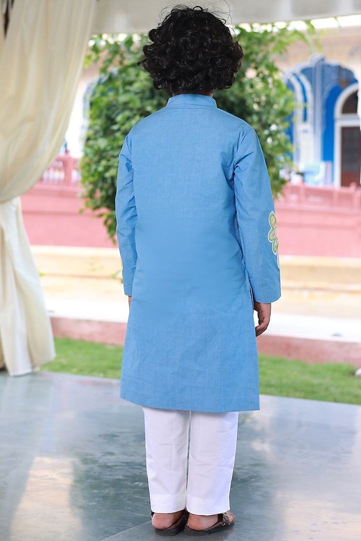 Blue Cotton Poplin Floral Hand Embroidered kurta Set For Boys by Little Luxury at Pernia's Pop Up Shop