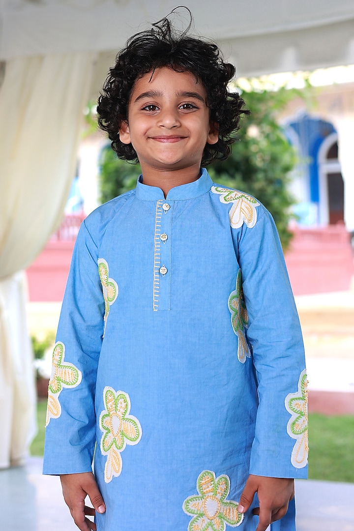 Blue Cotton Poplin Floral Hand Embroidered kurta Set For Boys by Little Luxury at Pernia's Pop Up Shop