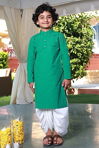 Off-White Muslin Silk Dhoti Set For Boys by Little Luxury
