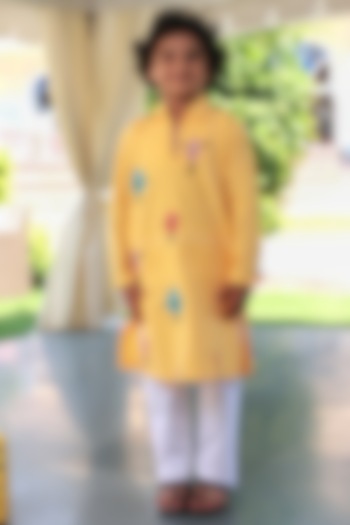 Mango Yellow Poplin Embroidered kurta Set For Boys by Little Luxury