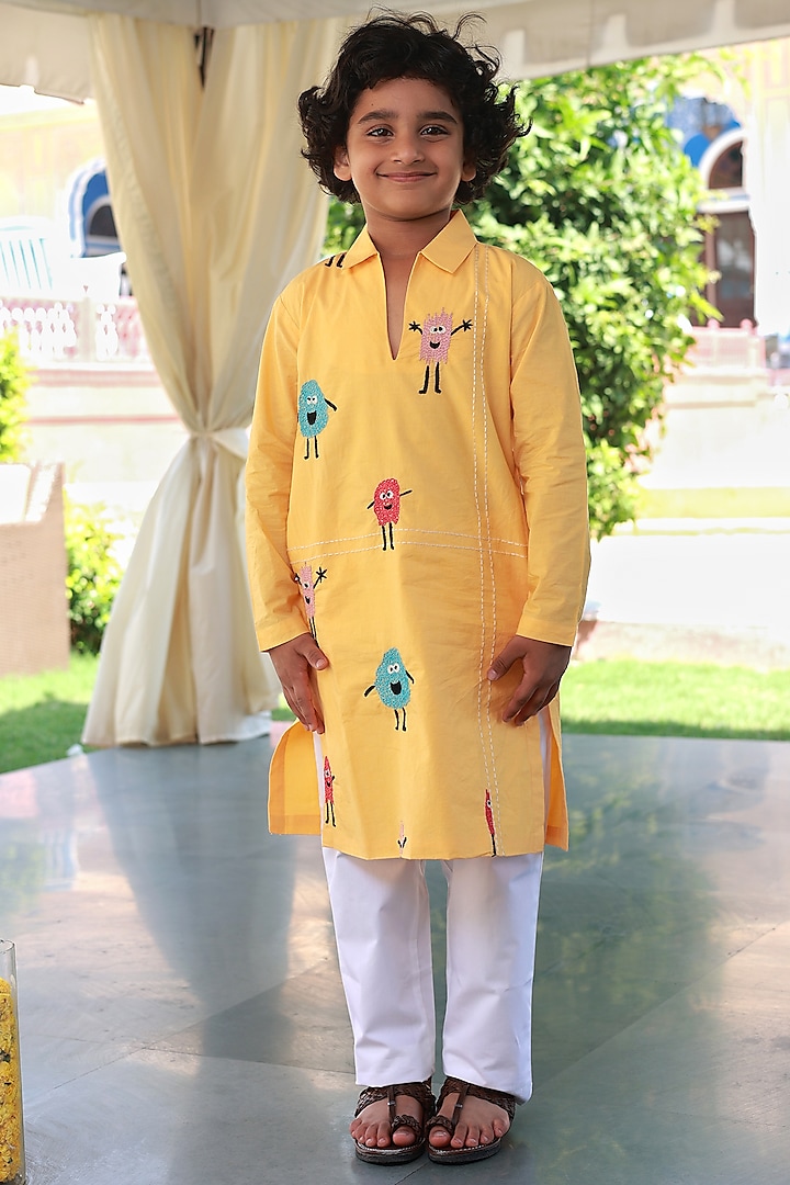 Mango Yellow Poplin Embroidered kurta Set For Boys by Little Luxury
