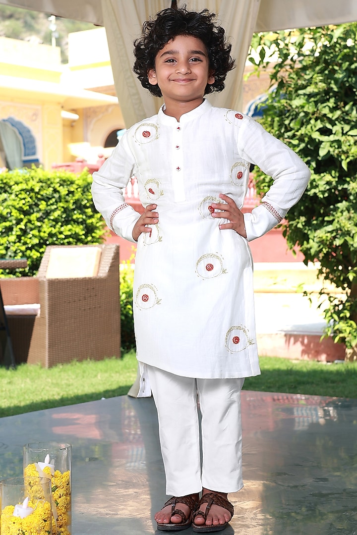 Off-White Poplin Embroidered kurta Set For Boys by Little Luxury
