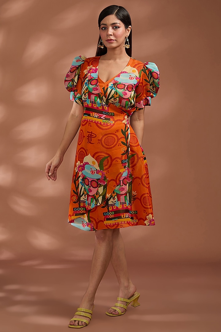 Rustic Orange Bemberg Tissue Digital Printed Knee-Length Dress by Liz Paul