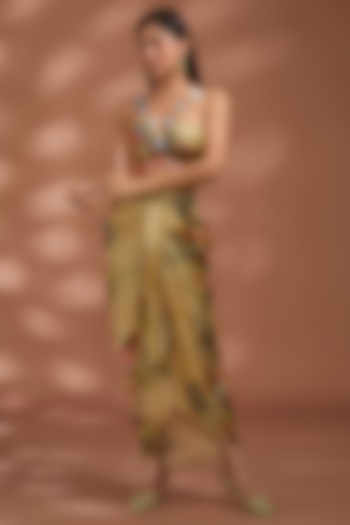 Beige Bemberg Tissue Organza Digital Printed Draped Dhoti Skirt Set by Liz Paul at Pernia's Pop Up Shop