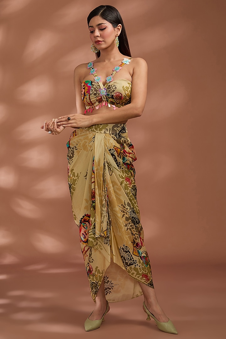 Beige Bemberg Tissue Organza Digital Printed Draped Dhoti Skirt Set by Liz Paul at Pernia's Pop Up Shop