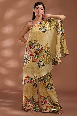 Beige Bemberg Tissue Organza Digital Printed Kaftan Set by Liz Paul