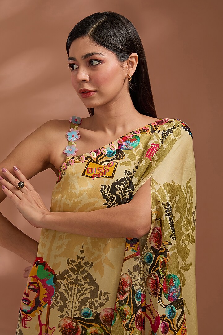Beige Bemberg Tissue Organza Digital Printed Kaftan Set by Liz Paul at Pernia's Pop Up Shop
