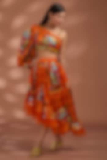 Rustic Orange Bemberg Tissue Organza Digital Printed Asymmetric Skirt Set by Liz Paul