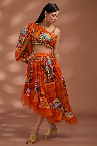 Rustic Orange Bemberg Tissue Organza Digital Printed Asymmetric Skirt Set by Liz Paul