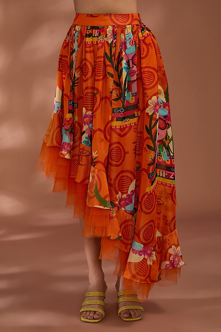 Rustic Orange Bemberg Tissue Organza Digital Printed Asymmetric Skirt Set by Liz Paul at Pernia's Pop Up Shop