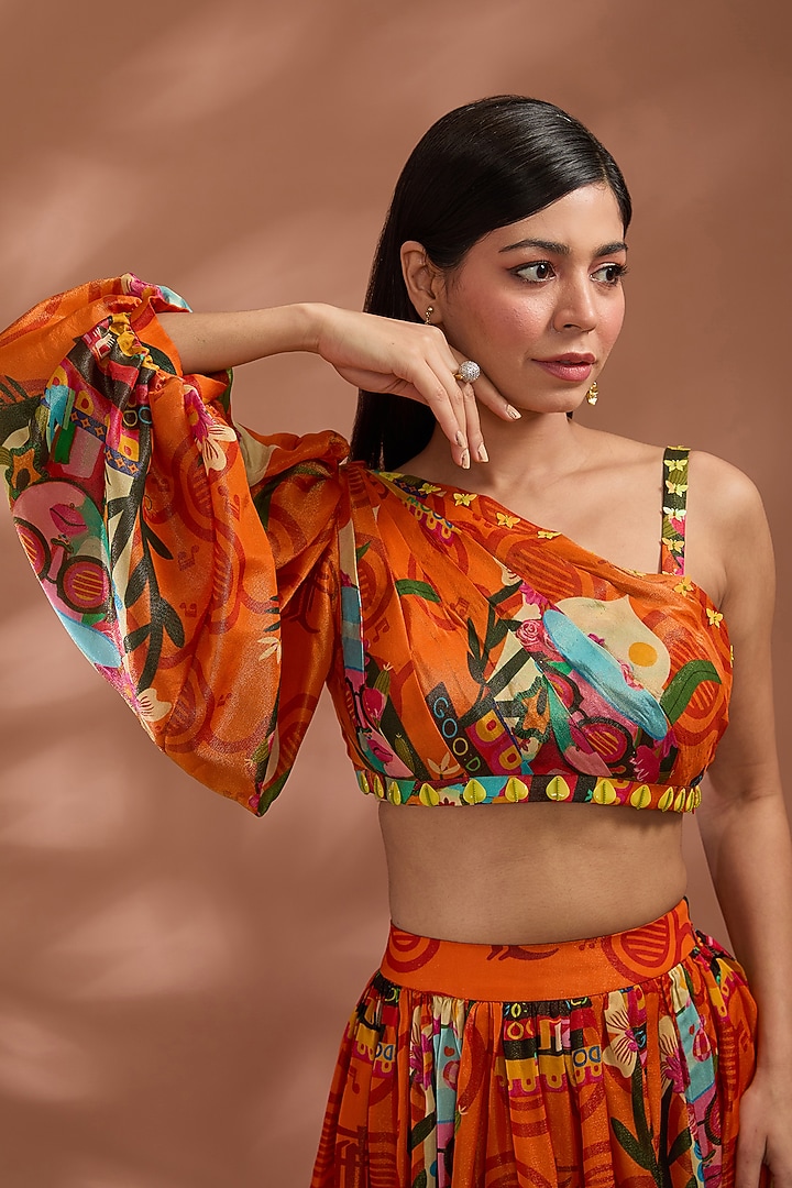 Rustic Orange Bemberg Tissue Organza Digital Printed Asymmetric Skirt Set by Liz Paul at Pernia's Pop Up Shop