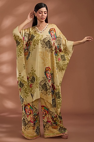 Beige Bemberg Tissue Organza Digital Printed Kaftan Set by Liz Paul
