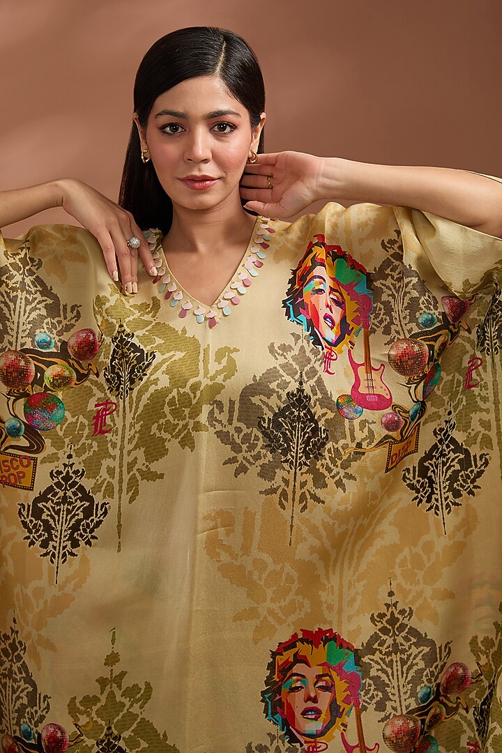 Beige Bemberg Tissue Organza Digital Printed Kaftan Set by Liz Paul at Pernia's Pop Up Shop