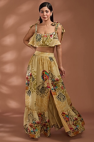 Beige Bemberg Tissue Organza Digital Printed Skirt Set by Liz Paul