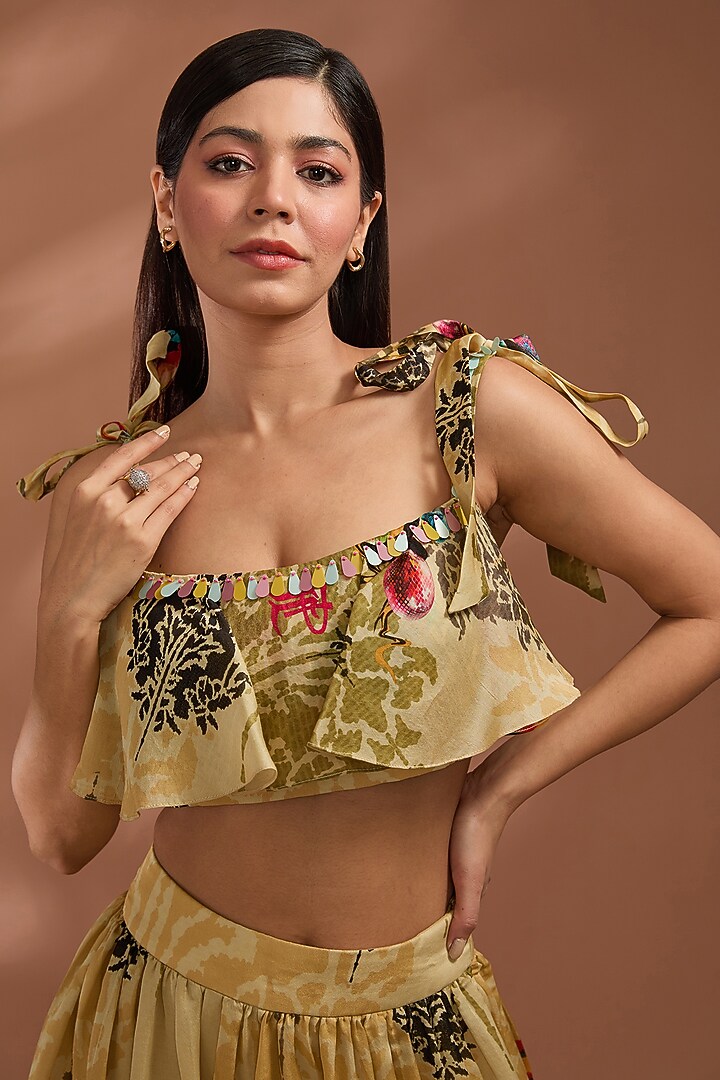 Beige Bemberg Tissue Organza Digital Printed Skirt Set by Liz Paul at Pernia's Pop Up Shop