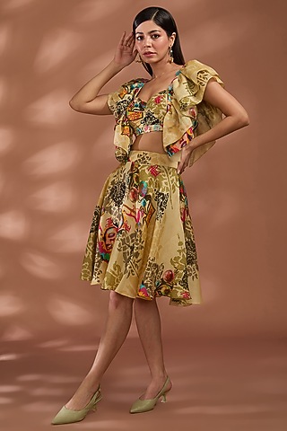 Beige Bemberg Tissue Organza Digital Printed Skirt Set by Liz Paul