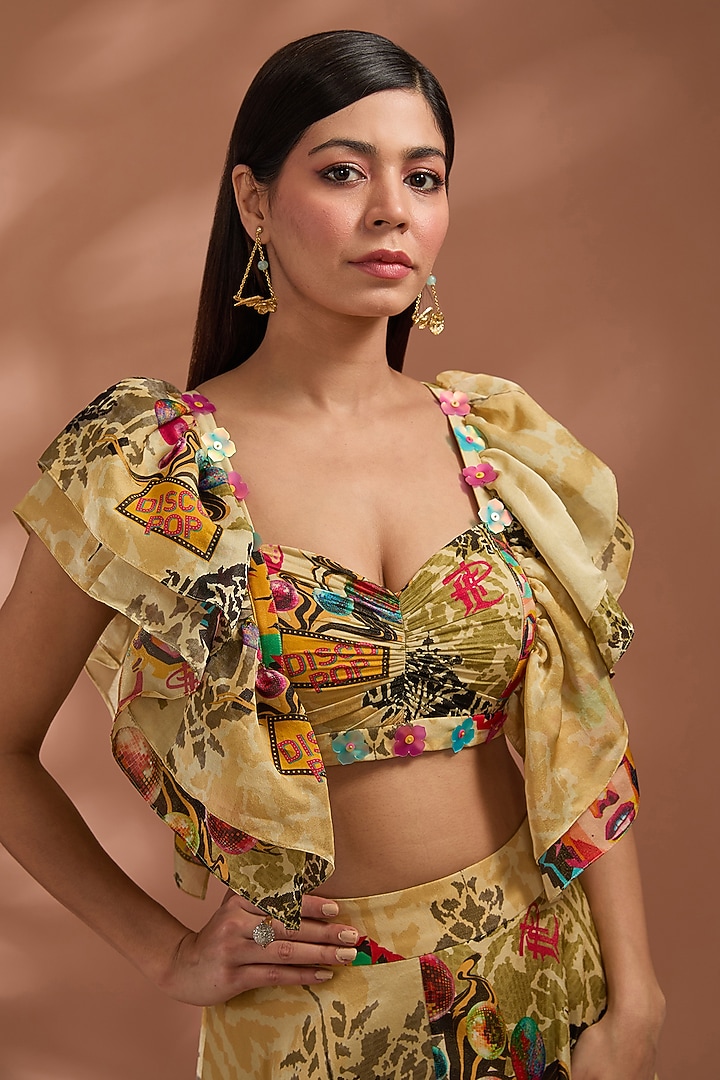 Beige Bemberg Tissue Organza Digital Printed Skirt Set by Liz Paul at Pernia's Pop Up Shop
