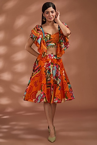 Rustic Orange Bemberg Tissue Organza Digital Printed Skirt Set by Liz Paul