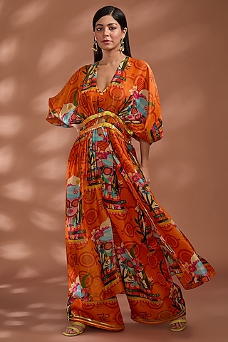 Rustic Orange Bemberg Tissue Organza Digital Printed Cape Set by Liz Paul
