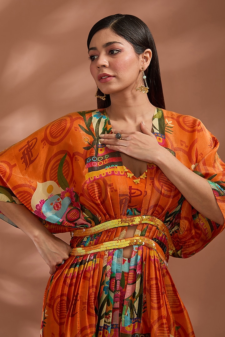 Rustic Orange Bemberg Tissue Organza Digital Printed Cape Set by Liz Paul at Pernia's Pop Up Shop