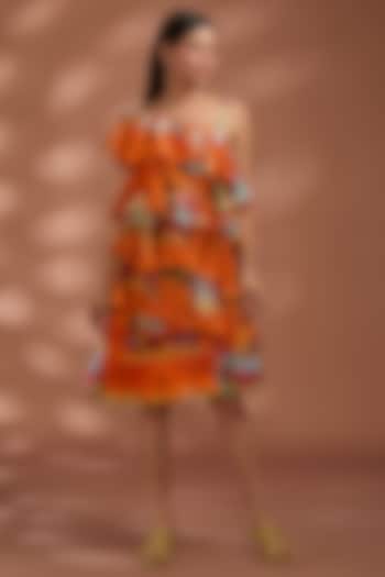 Rustic Orange Bemberg Tissue Digital Printed Knee-Length Frilled Dress by Liz Paul