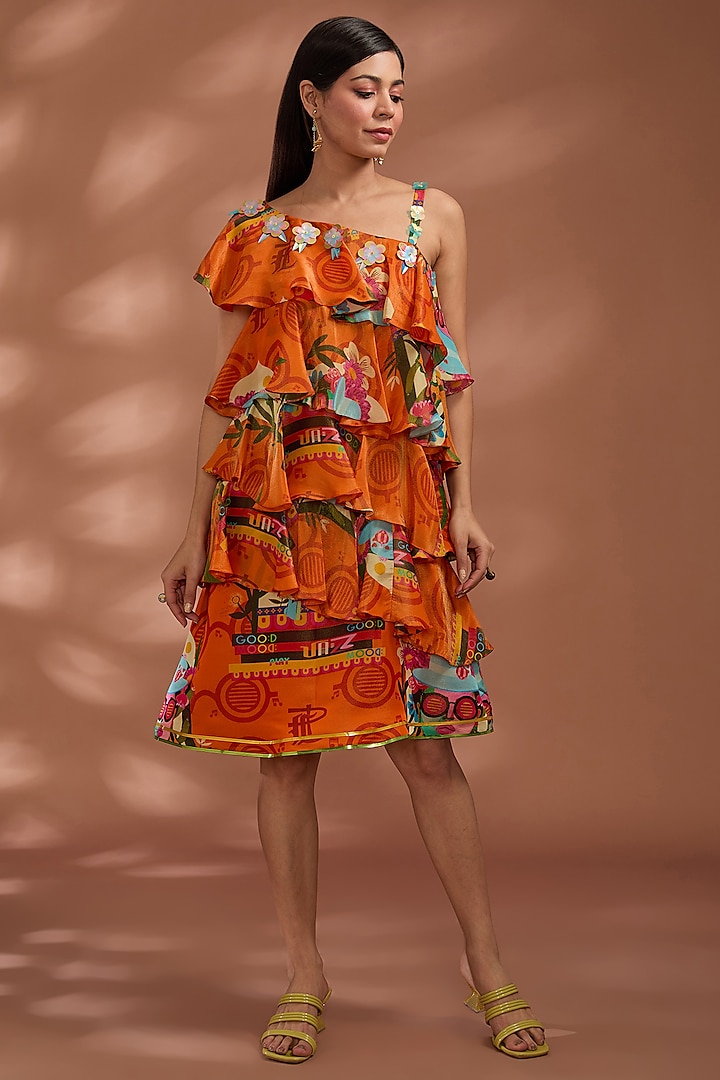 Rustic Orange Bemberg Tissue Digital Printed Knee-Length Frilled Dress by Liz Paul