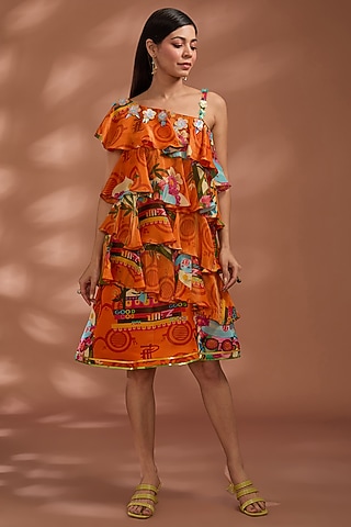 Rustic Orange Bemberg Tissue Digital Printed Knee-Length Frilled Dress by Liz Paul