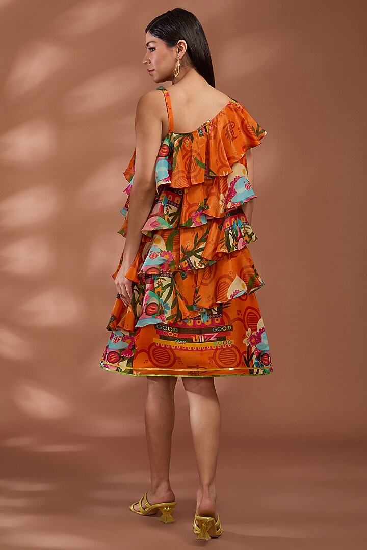 Rustic Orange Bemberg Tissue Digital Printed Knee-Length Frilled Vacation Dress by Liz Paul at Pernia's Pop Up Shop