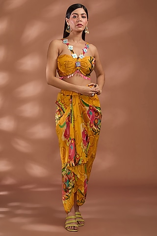 Mustard Bemberg Tissue Organza Digital Printed Skirt Set by Liz Paul