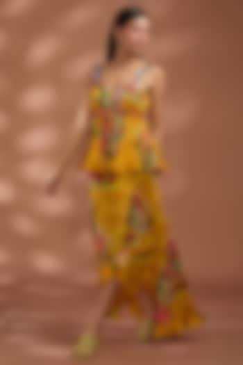 Mustard Bemberg Tissue Organza Digital Printed Asymmetric Skirt Set by Liz Paul